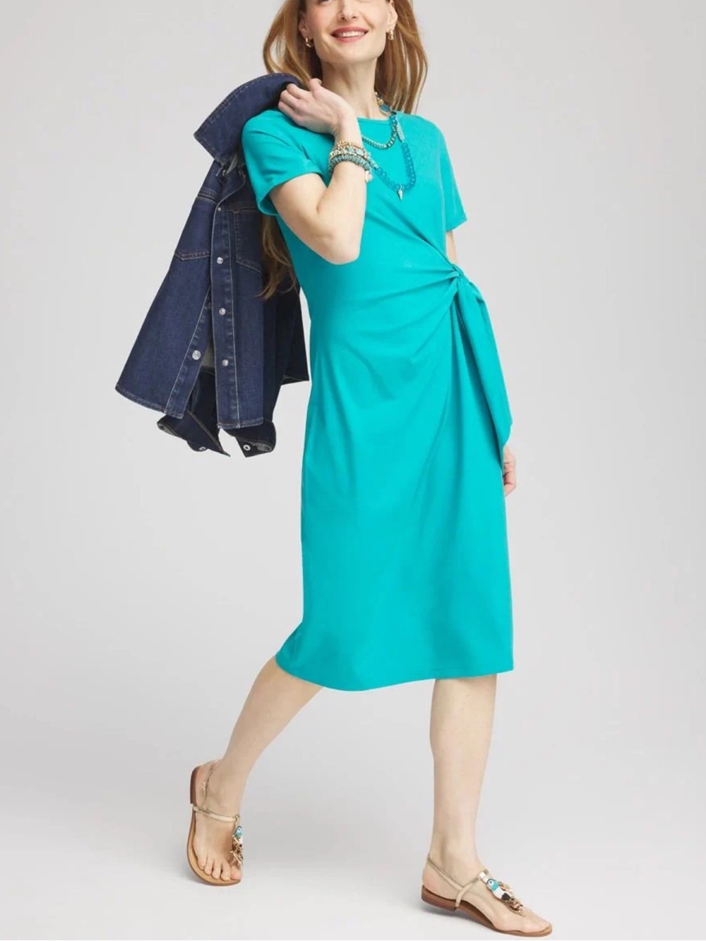 Chico's Teal Tie-Front Short Sleeve Midi Dress women XXL casual office cruise